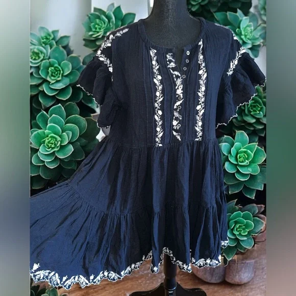 Free People Santiago Embroidered Mini Dress black cotton gauze white floral S - Picture 4 of 7